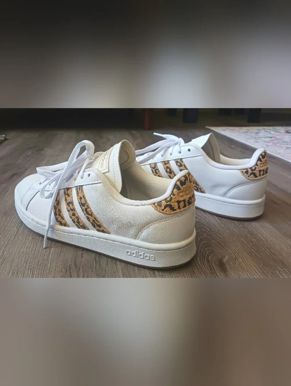 adidas White Sneakers with Leopard-Print Stripes, W Size 8.5 - Picture 10 of 11